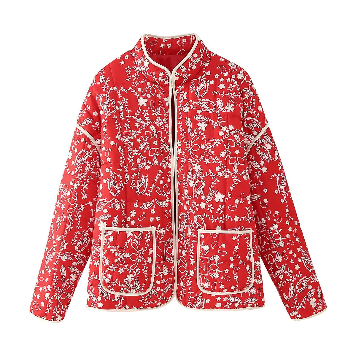 Isla Quilted Jacket | Floral Pattern Band Collar Hip-Length Jacket