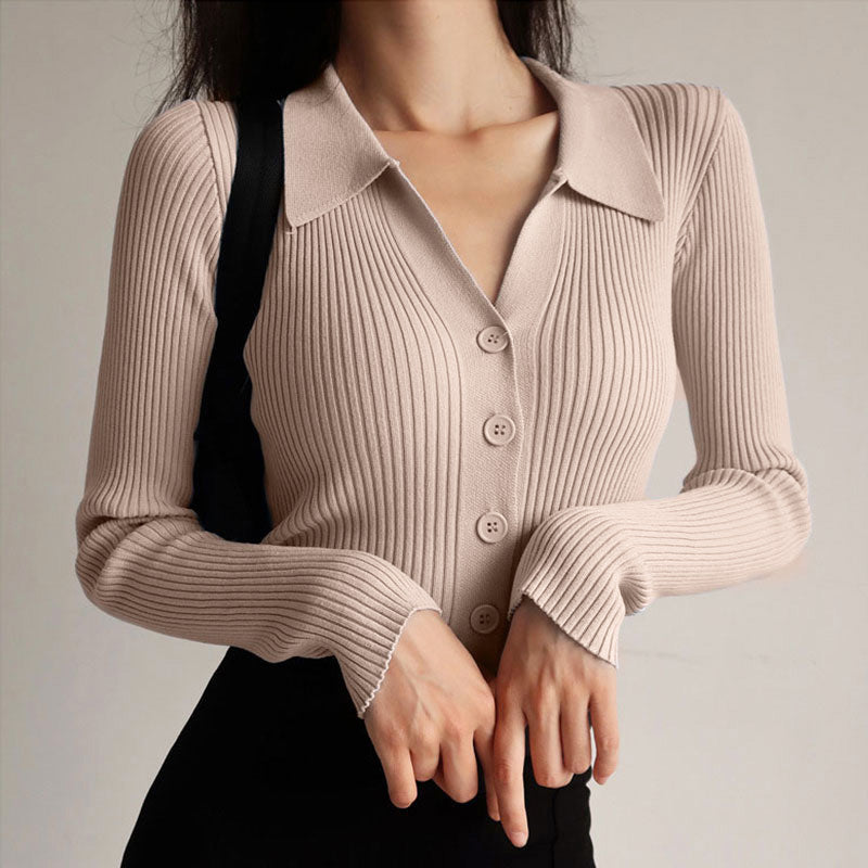 Women's slim fit V-neck lapel cardigan sweater
