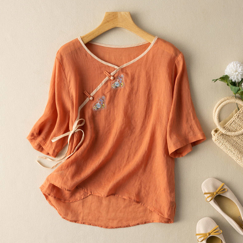 Women's Blouse - Loose Fit Linen Cotton - Embroidered - 3/4 Sleeve - Knot Button