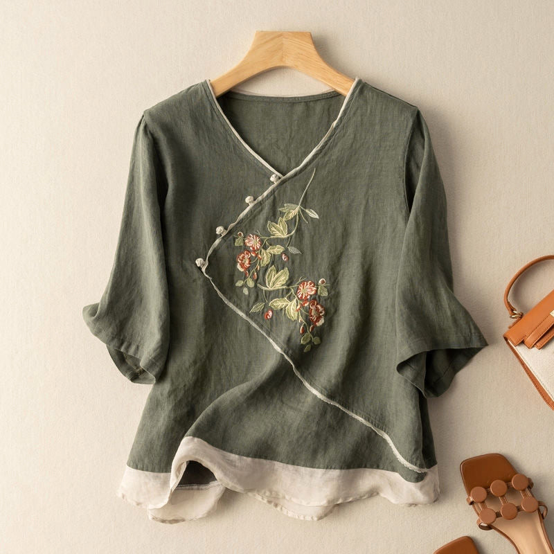 Women's Blouse - V-Neck Wrap Style - Embroidered Floral Design - Long Sleeve