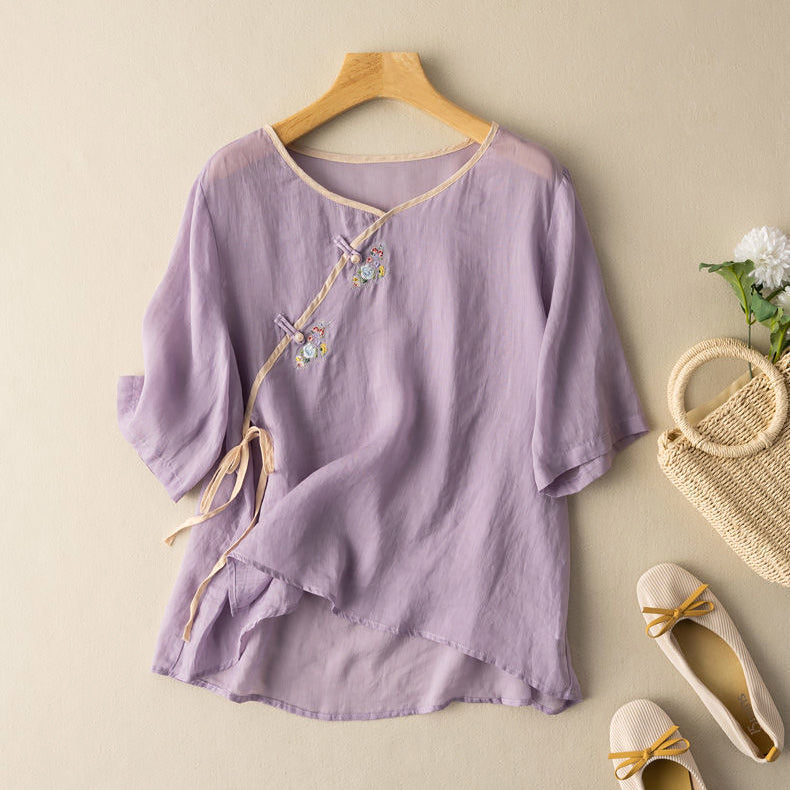 Women's Blouse - Loose Fit Linen Cotton - Embroidered - 3/4 Sleeve - Knot Button