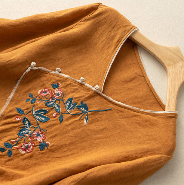 Women's Blouse - V-Neck Wrap Style - Embroidered Floral Design - Long Sleeve
