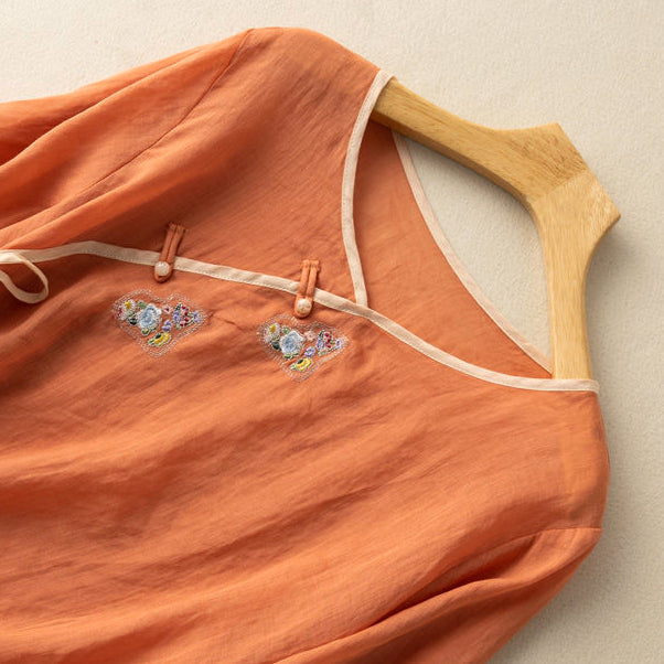 Women's Blouse - Loose Fit Linen Cotton - Embroidered - 3/4 Sleeve - Knot Button