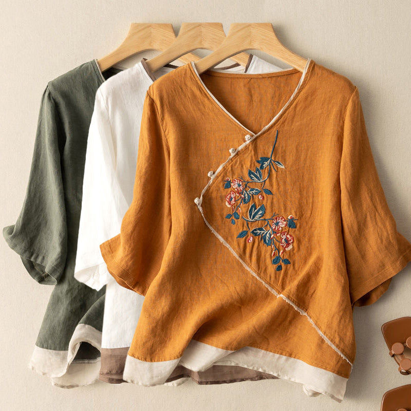Women's Blouse - V-Neck Wrap Style - Embroidered Floral Design - Long Sleeve