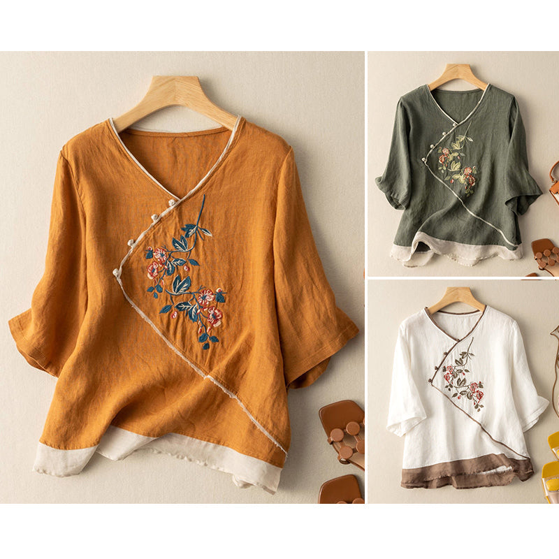 Women's Blouse - V-Neck Wrap Style - Embroidered Floral Design - Long Sleeve