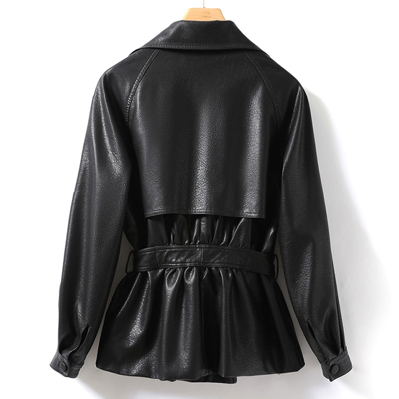 Women's leather jacket with belted waist