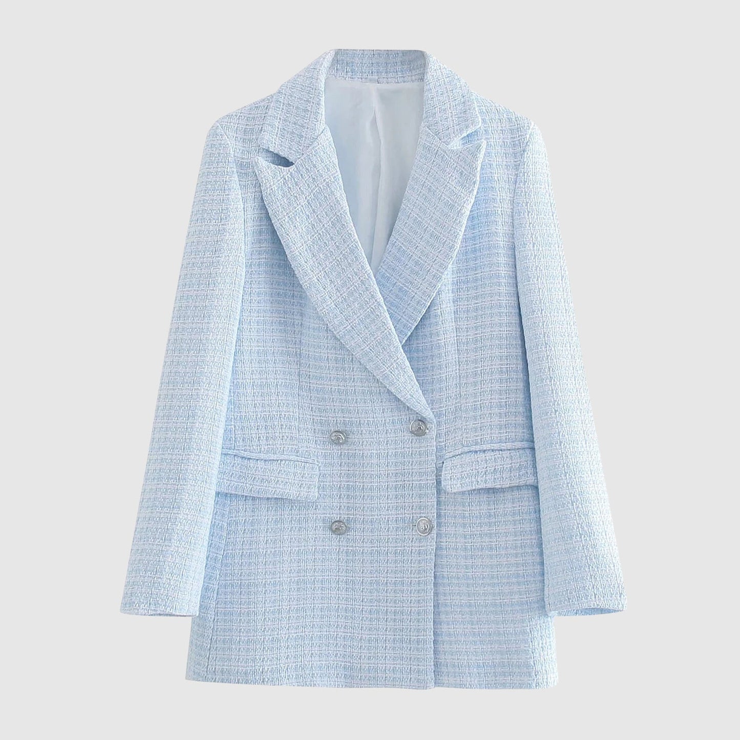 Women's trendy blue tweed double-breasted blazer