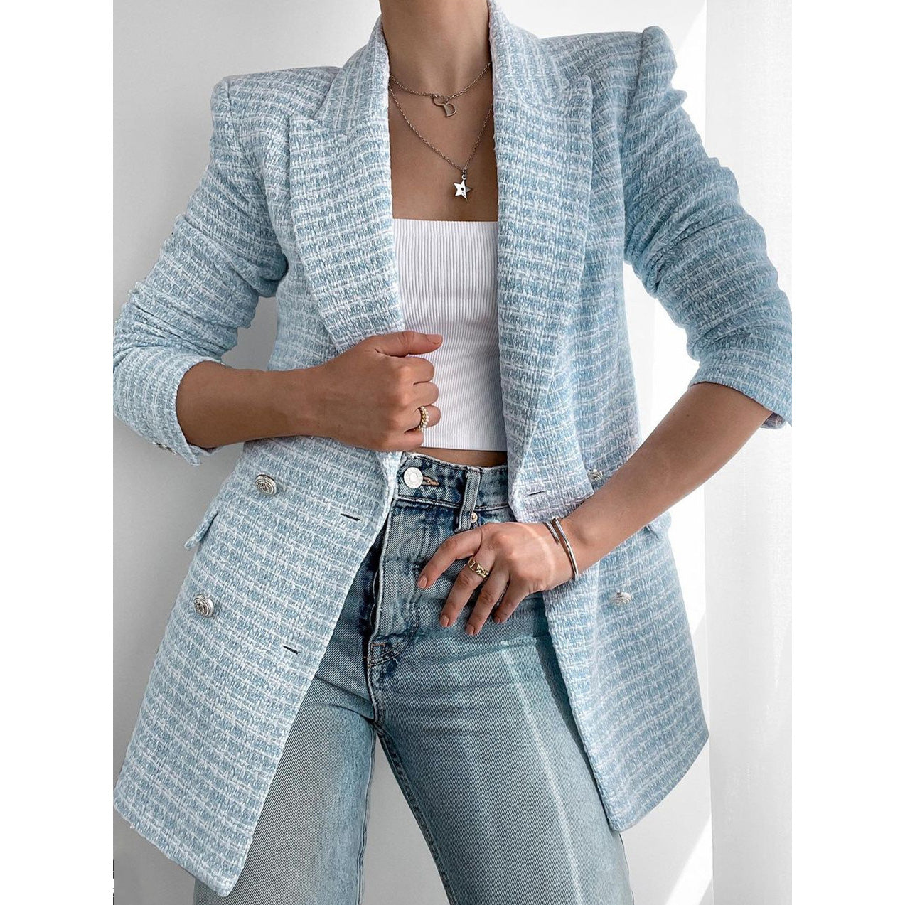 Women's trendy blue tweed double-breasted blazer