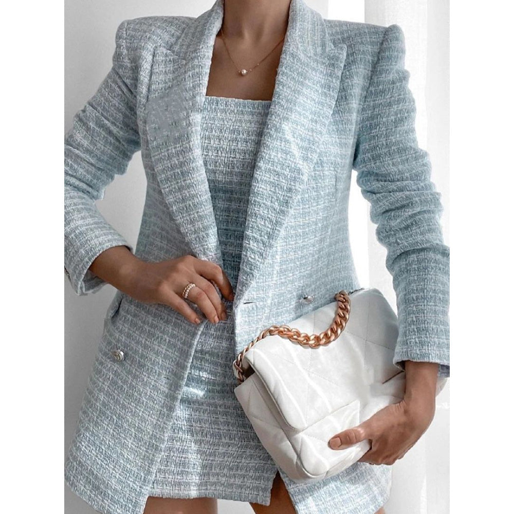 Women's trendy blue tweed double-breasted blazer