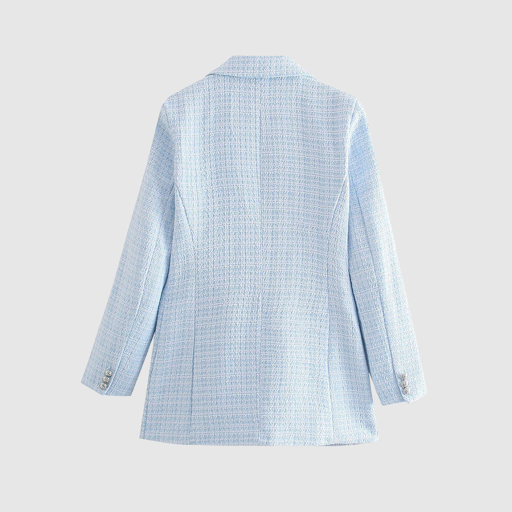 Women's trendy blue tweed double-breasted blazer