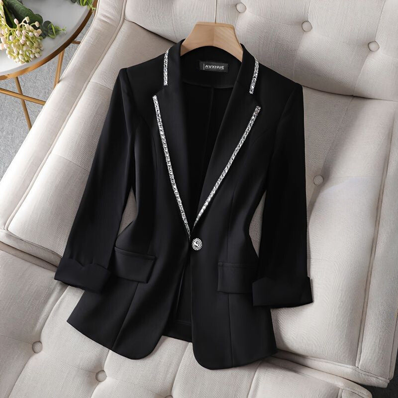 Women's Blazer - Single-Button Closure - Rhinestone Lapel - Tailored Fit - Padded Shoulders