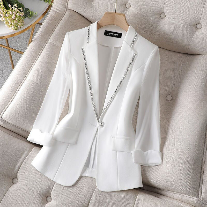 Women's Blazer - Single-Button Closure - Rhinestone Lapel - Tailored Fit - Padded Shoulders