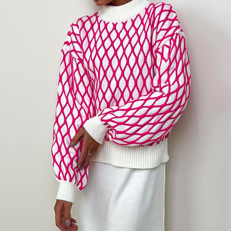 Plaid Lantern Sleeve Loose Knit Top