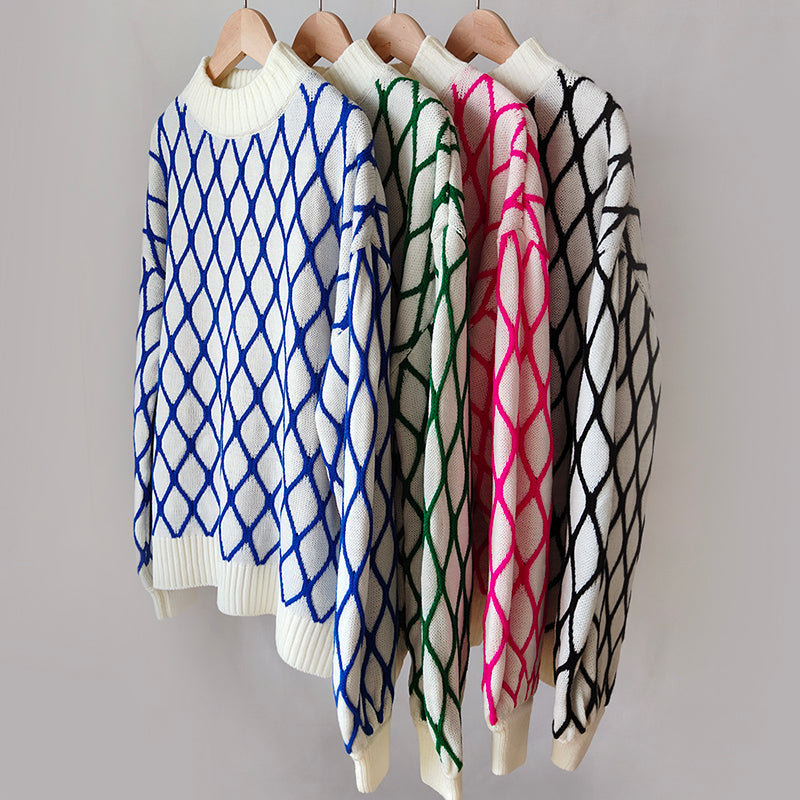 Plaid Lantern Sleeve Loose Knit Top