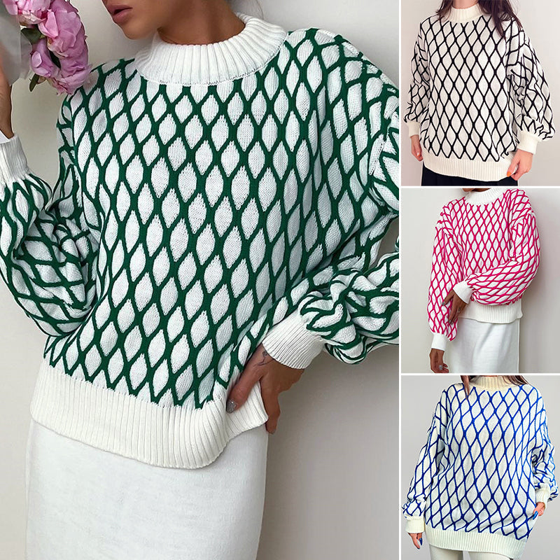 Plaid Lantern Sleeve Loose Knit Top