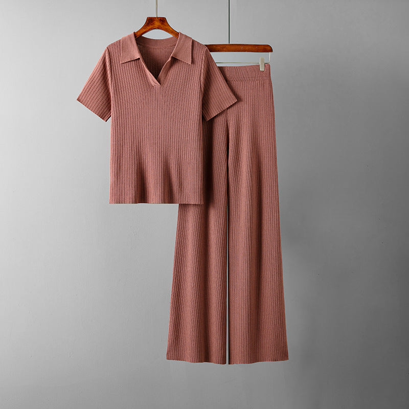 Women's polo collar short-sleeved top wide-leg trousers set