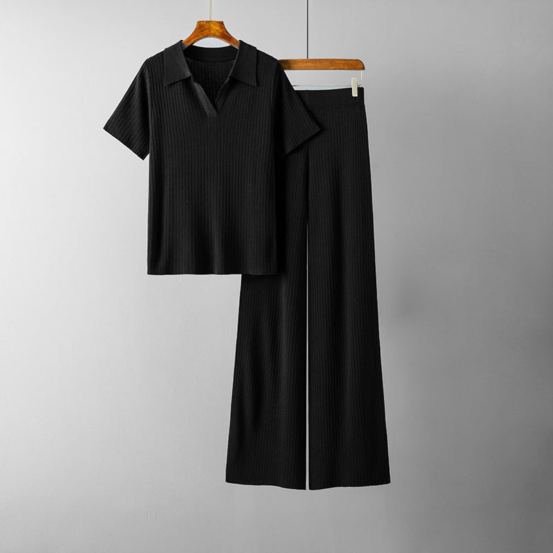 Women's polo collar short-sleeved top wide-leg trousers set