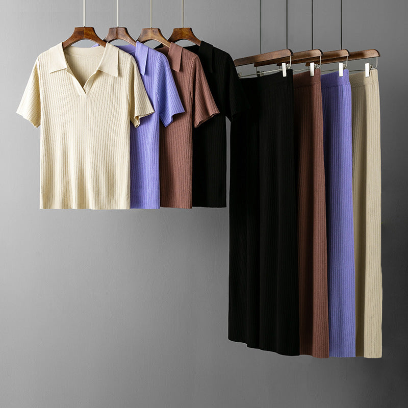 Women's polo collar short-sleeved top wide-leg trousers set