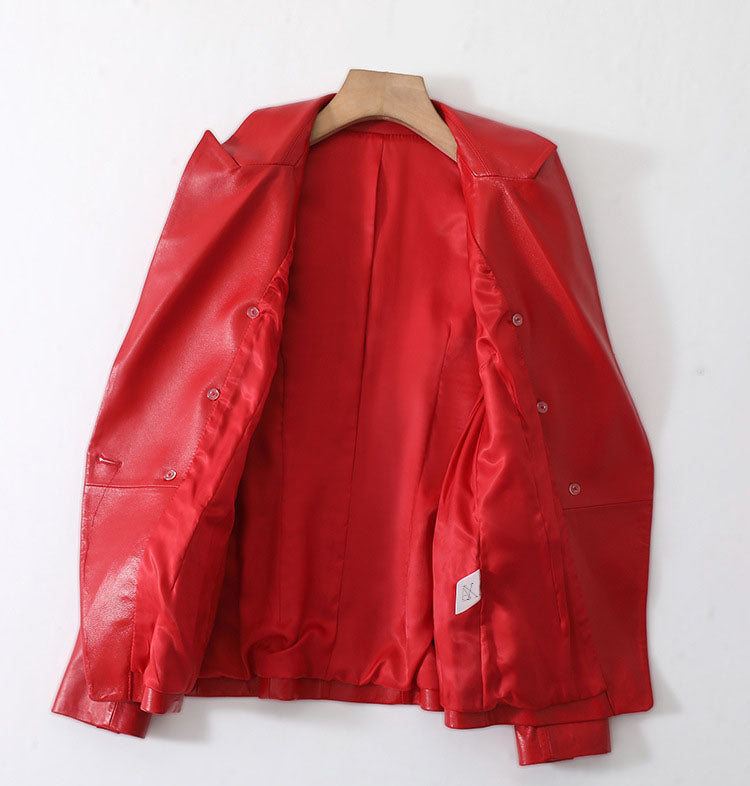 Women's short sheepskin motorcycle leather jacket