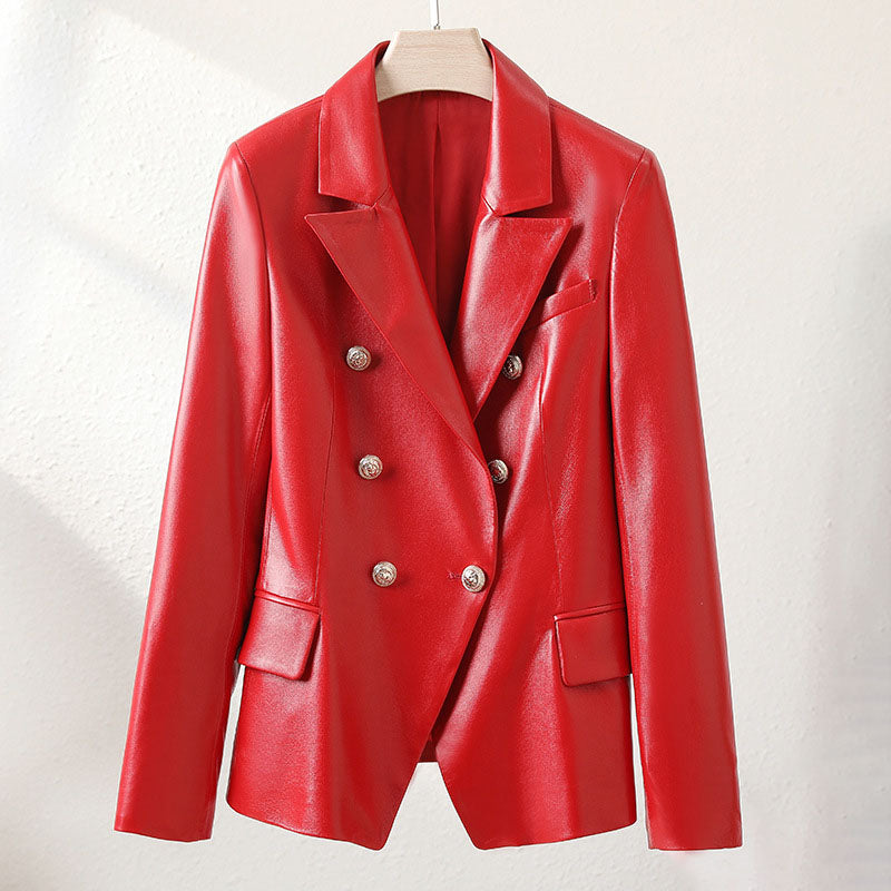 Women's short sheepskin motorcycle leather jacket