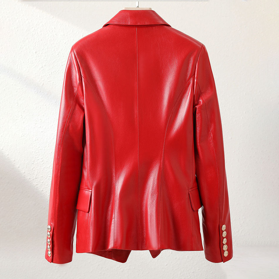 Women's short sheepskin motorcycle leather jacket