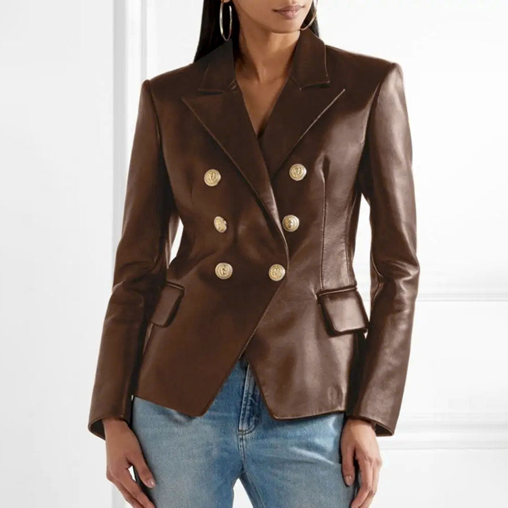 Women's short sheepskin motorcycle leather jacket