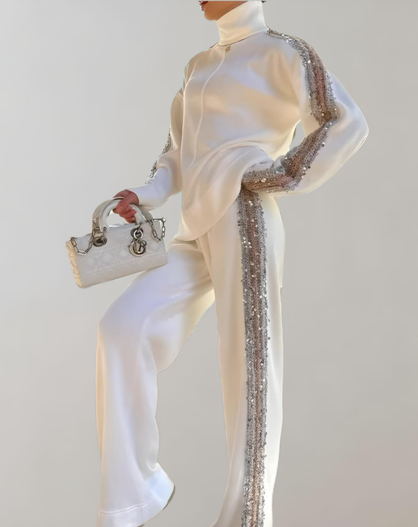 Women's elegant white sweater & wide pants set