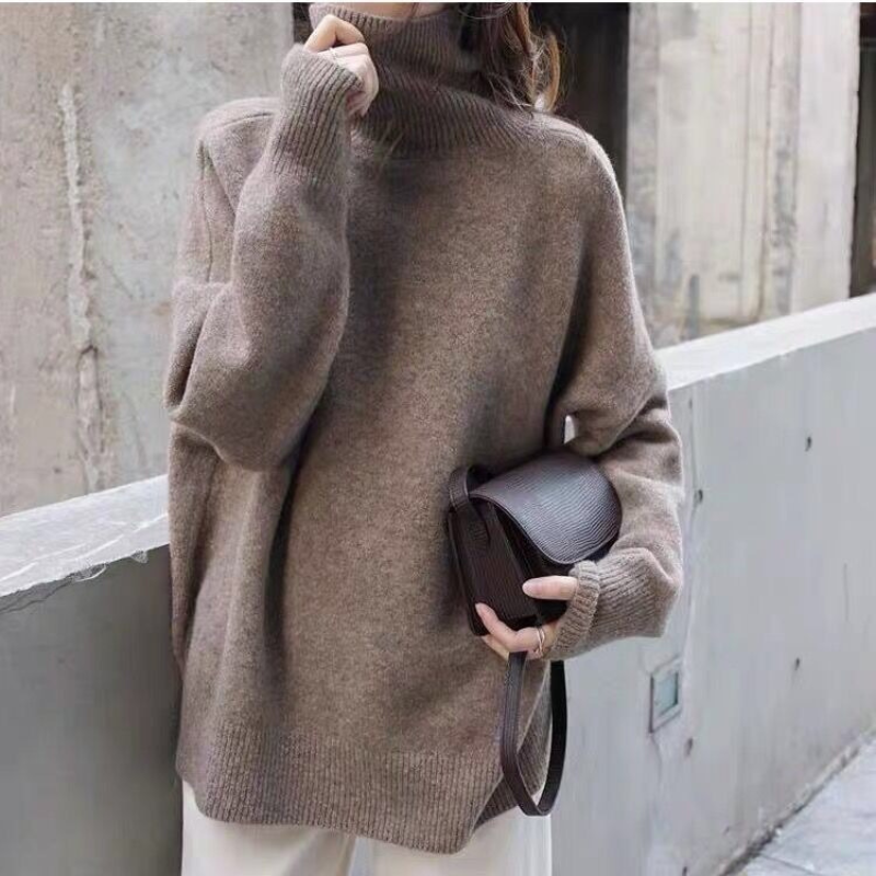 Women’s Turtleneck Sweatshirt – Oversized Fit – Knit Fabric – Drawstring Hem – Long Sleeve