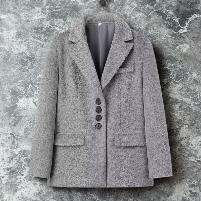 Women’s Blazer – Oversized Relaxed Fit – Plush Texture – Notched Lapel – Flap Pockets
