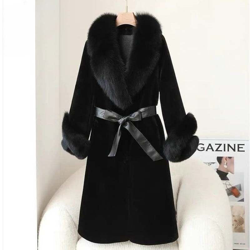 Women’s Wrap Coat – Slim Fit – Fur Collar and Cuffs – Self-Tie Belt – Knee Length