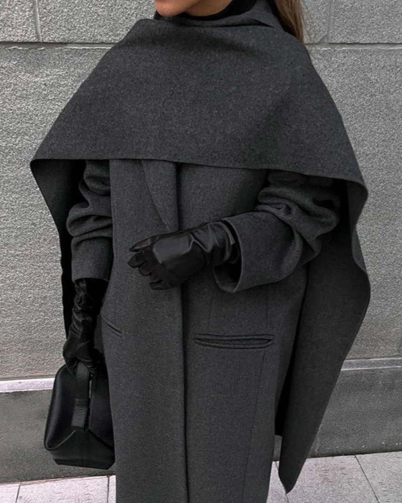 Women’s Two-Piece Long Wool Coat – Oversized Fit – Double-Breasted – Scarf Cape Design