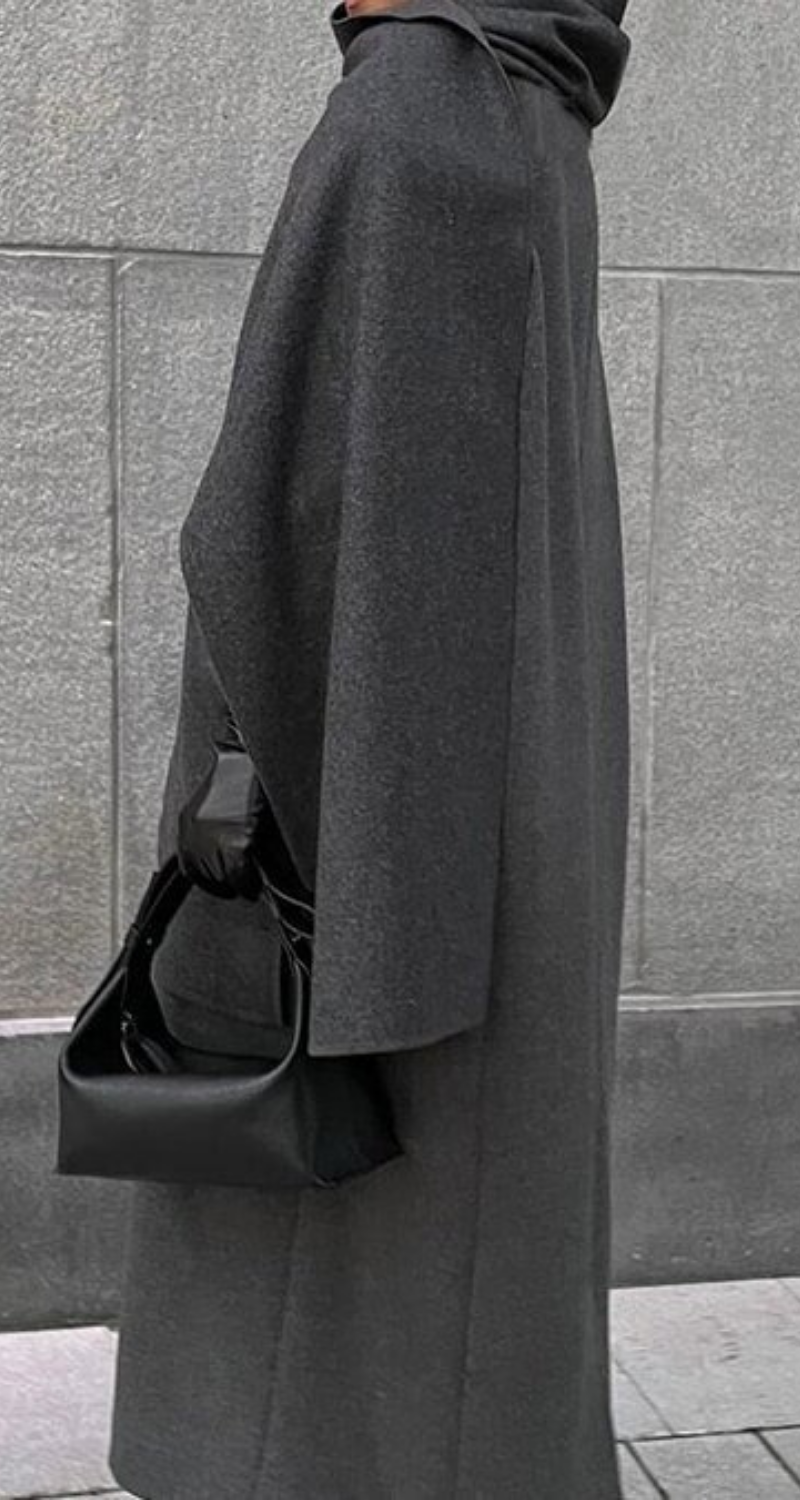Women’s Two-Piece Long Wool Coat – Oversized Fit – Double-Breasted – Scarf Cape Design