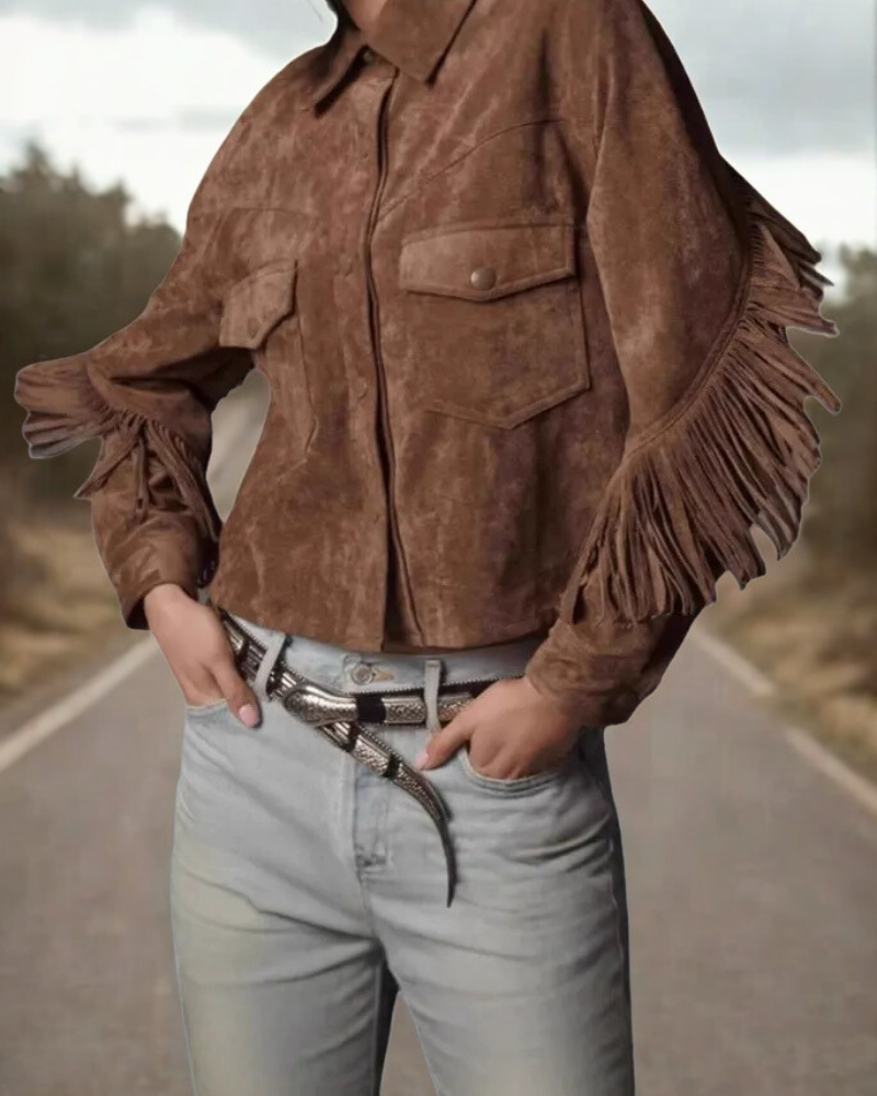Women’s Cropped Jacket – Suede Feel – Fringe Sleeves – Button Front – Relaxed Fit