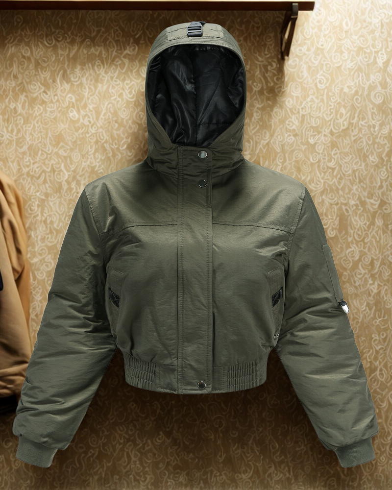 Women’s Cropped Coat – Hooded – Synthetic – Ribbed Cuffs – Urban Style
