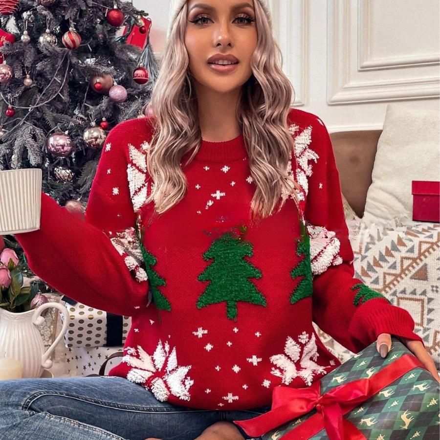 Women’s Sweatshirt – Loose Fit – Knitted Texture – Holiday Motif – Round Neck – Ribbed Cuffs