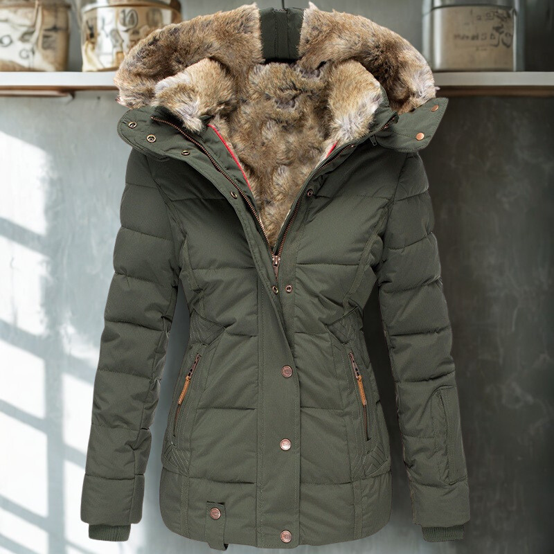 Women’s Quilted Jacket – Slim Fit – Detachable Faux Fur Hood – Ribbed Cuffs – Zip Closure