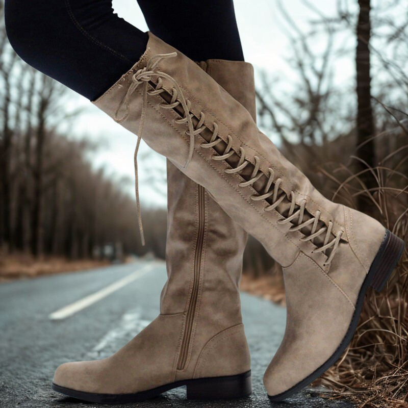Women’s Knee-High Boots – Faux Leather – Criss-Cross Lacing – Low Block Heel – Side Zipper
