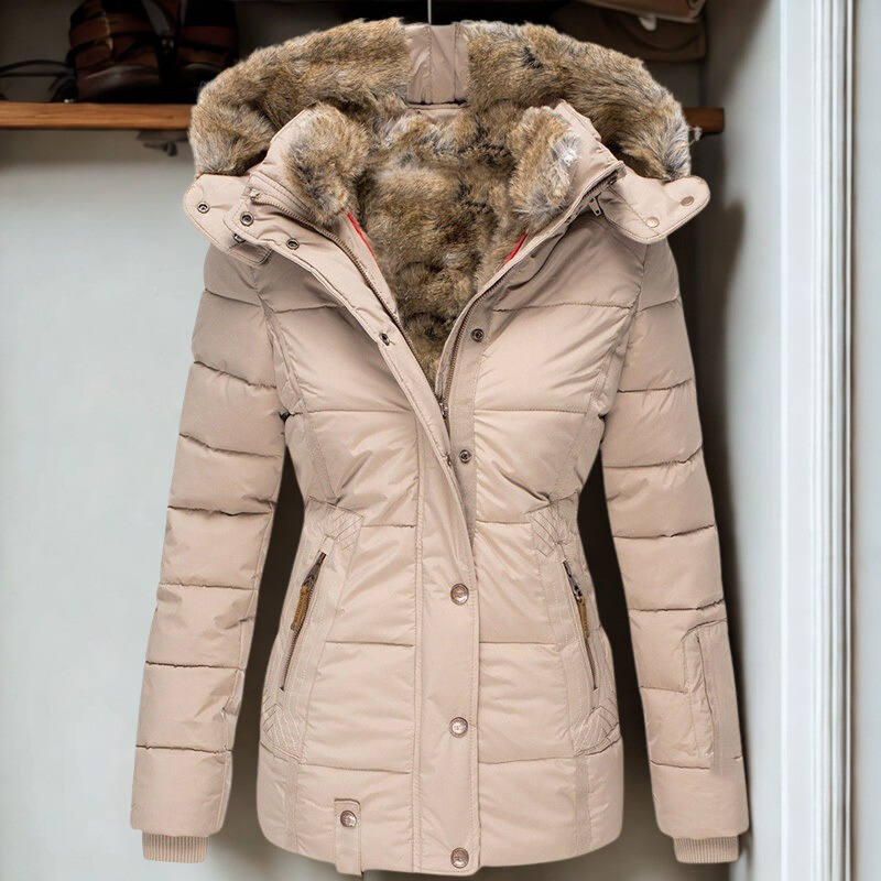 Women’s Quilted Jacket – Slim Fit – Detachable Faux Fur Hood – Ribbed Cuffs – Zip Closure