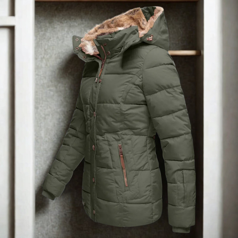 Women’s Quilted Jacket – Slim Fit – Detachable Faux Fur Hood – Ribbed Cuffs – Zip Closure