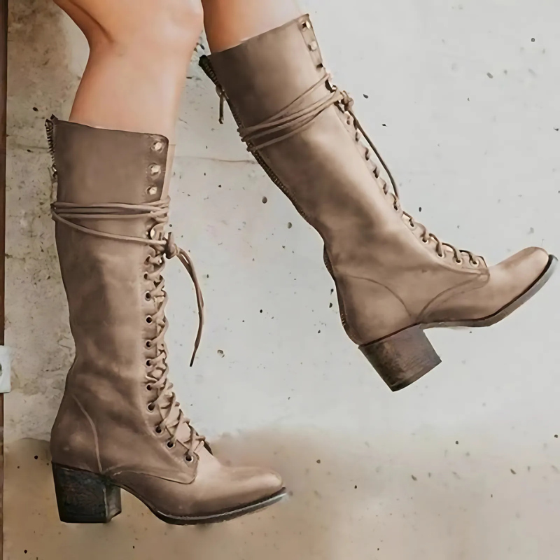 Women’s Knee-High Boots – Lace-Up Front – Block Heel – Back Zipper – Sturdy Sole