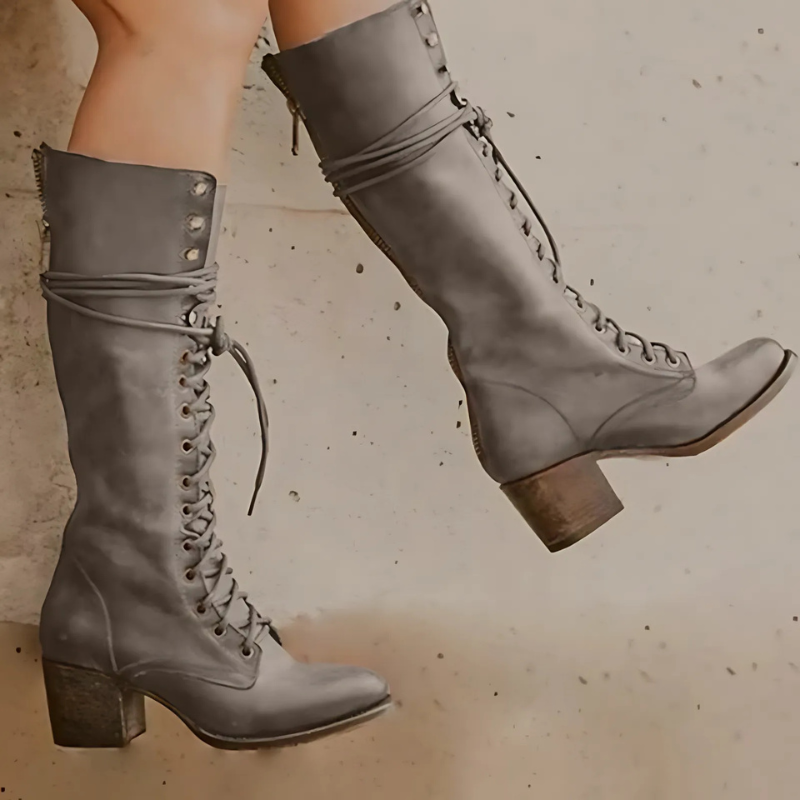 Women’s Knee-High Boots – Lace-Up Front – Block Heel – Back Zipper – Sturdy Sole