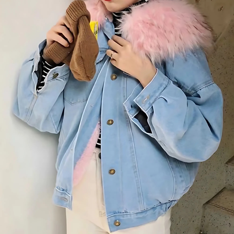 Women’s Denim Jacket – Oversized Fit – Faux Fur Collar – Fleece Lined – Button Front