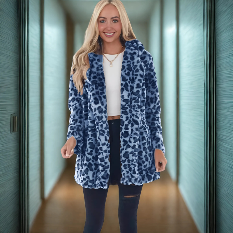 Women’s Coat – Plush Imitation Fur – Relaxed Fit – Open Front – Leopard Print – Mid-Thigh