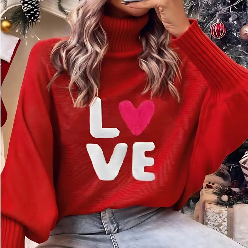 Women’s Pullover Sweatshirt – Oversized Fit – Knit Texture – Batwing Sleeves – Ribbed Turtleneck – LOVE Graphic