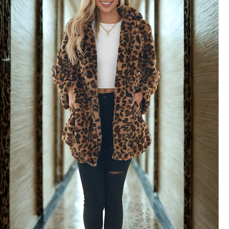 Women’s Coat – Plush Imitation Fur – Relaxed Fit – Open Front – Leopard Print – Mid-Thigh