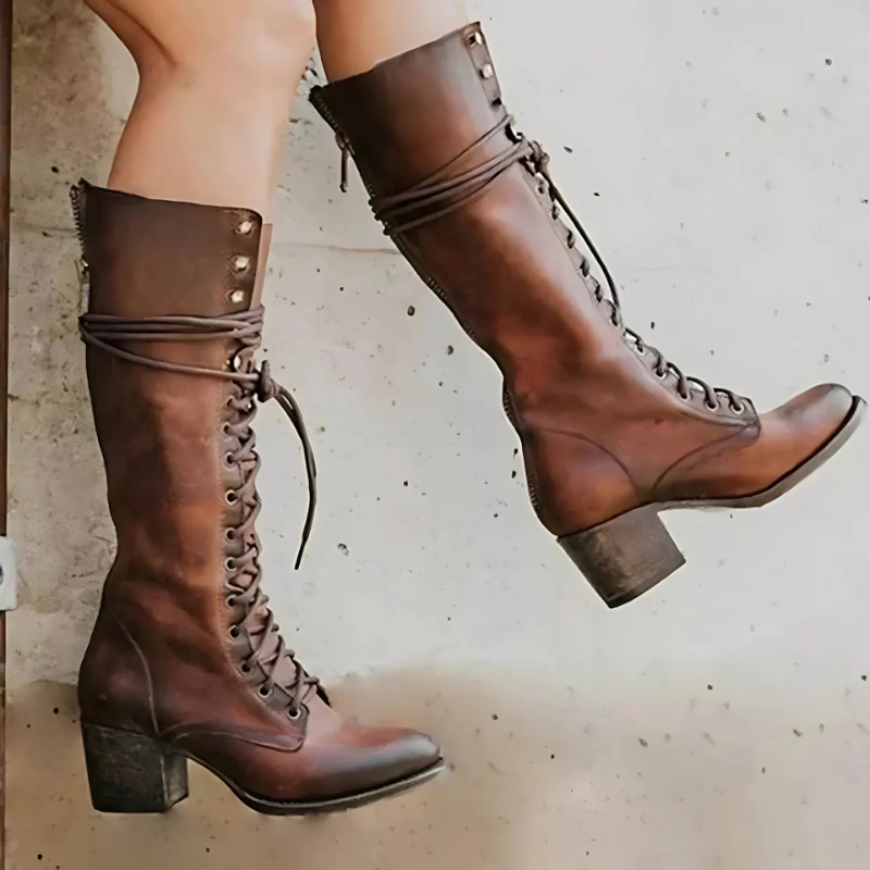 Women’s Knee-High Boots – Lace-Up Front – Block Heel – Back Zipper – Sturdy Sole