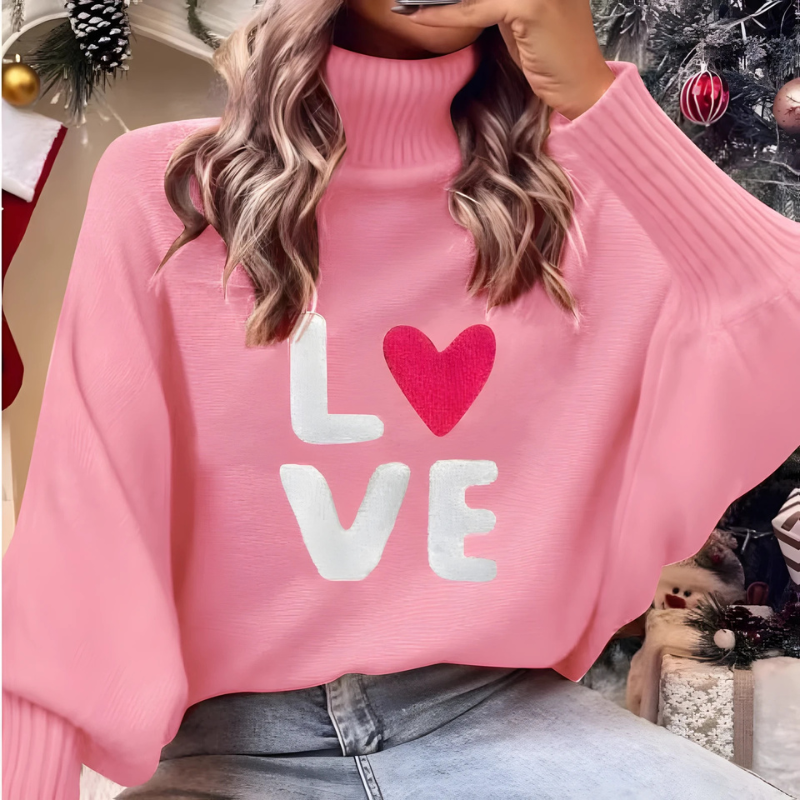Women’s Pullover Sweatshirt – Oversized Fit – Knit Texture – Batwing Sleeves – Ribbed Turtleneck – LOVE Graphic