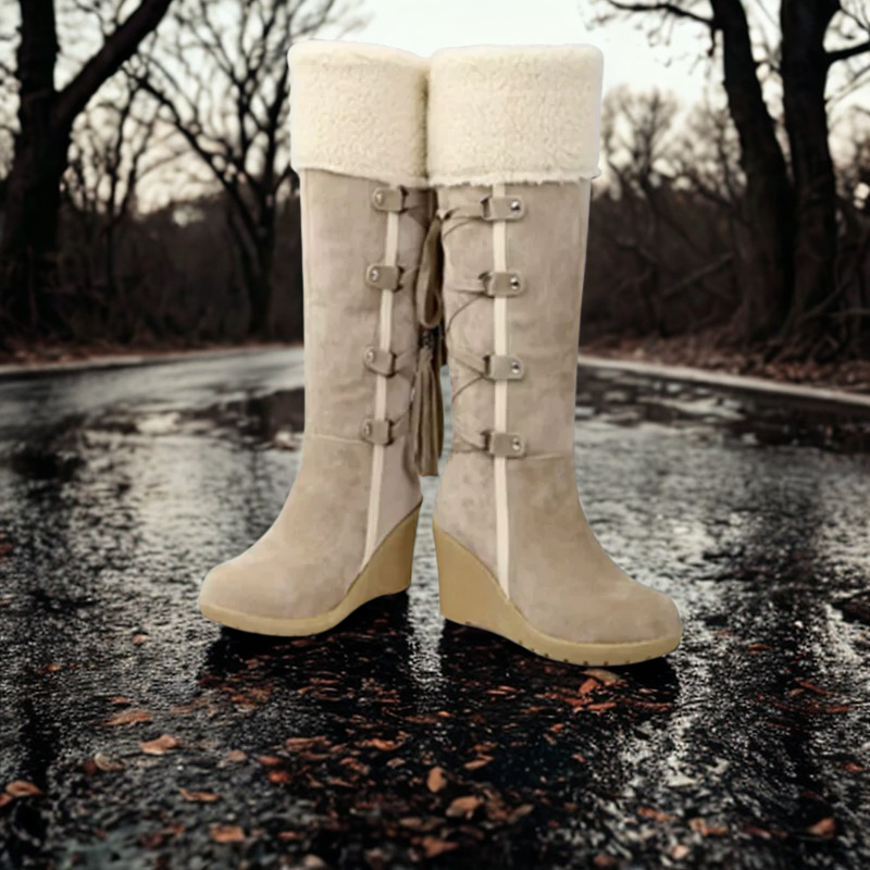 Women’s Mid-Calf Boots – Wedge Heel – Suede Finish – Faux Fur Cuff – Tassel Straps