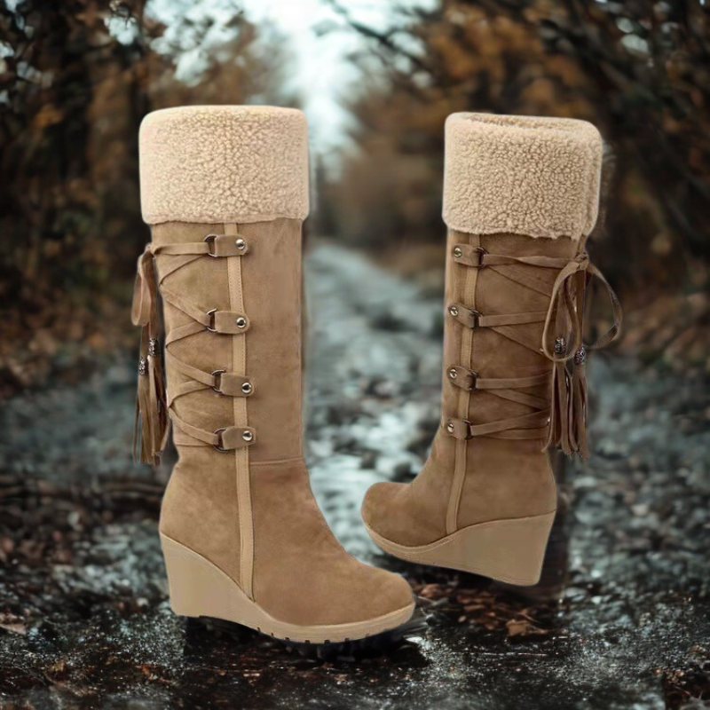 Women’s Mid-Calf Boots – Wedge Heel – Suede Finish – Faux Fur Cuff – Tassel Straps