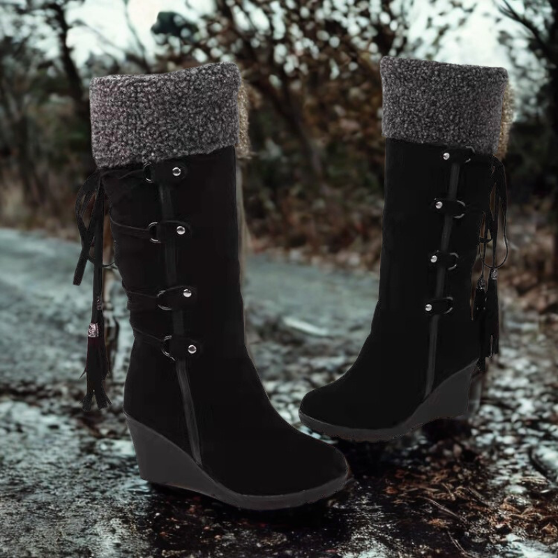Women’s Mid-Calf Boots – Wedge Heel – Suede Finish – Faux Fur Cuff – Tassel Straps